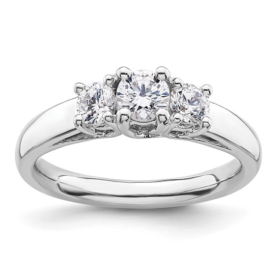 14K White Gold 3-Stone (Holds 3/8 carat (4.6mm) Round Center and (2-3.7mm) Round Sides) Engagement Ring Mounting