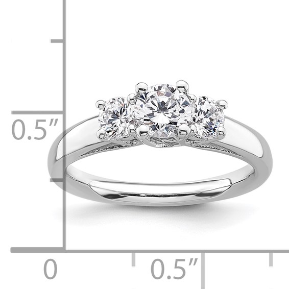 14K White Gold 3-Stone (Holds 1/2 carat (5.2mm) Round Center and (2-4.1mm) Round Sides) Engagement Ring Mounting