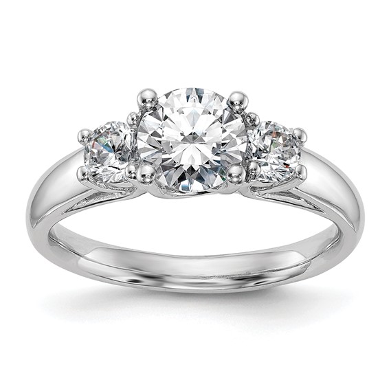14K White Gold 3-Stone (Holds 1 carat (6.5mm) Round Center and (2-5.2mm) Round Sides) Engagement Ring Mounting
