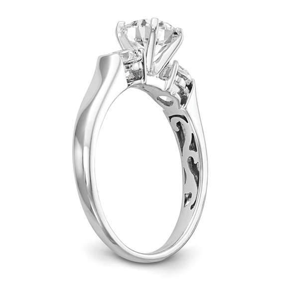 14K White Gold 3-Stone (Holds 1 carat (6.5mm) Round Center and (2-3.7mm) Round Sides) Engagement Ring Mounting