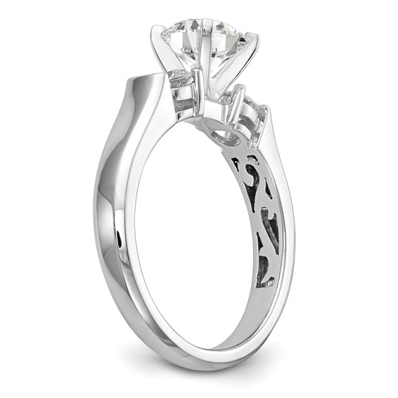 14K White Gold 3-Stone (Holds 1 carat (6.5mm) Round Center and (2-4.1mm) Round Sides) Engagement Ring Mounting