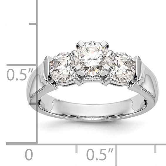 14K White Gold 3-Stone (Holds 1 carat (6.5mm) Round Center and (2-5.2mm) Round Sides) Engagement Ring Mounting