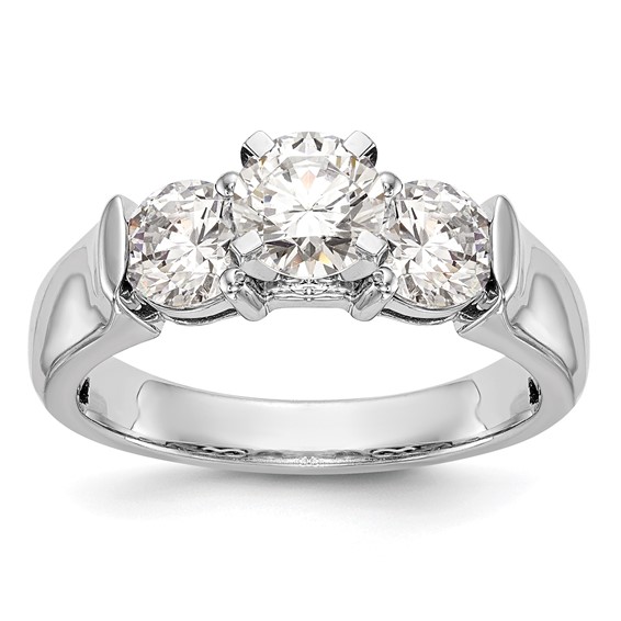 14K White Gold 3-Stone (Holds 1 carat (6.5mm) Round Center and (2-5.2mm) Round Sides) Engagement Ring Mounting