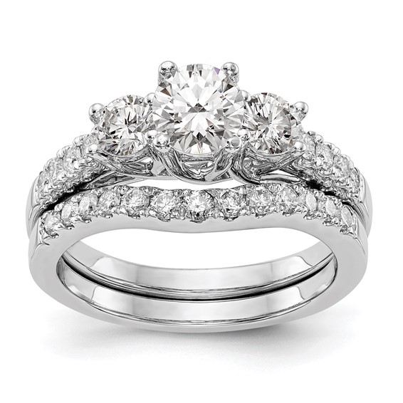 14K White Gold 3-Stone Plus (Holds 1/2 carat (5.2mm) Round Center and (4.00mm) Round Sides) Engagement Ring Mounting