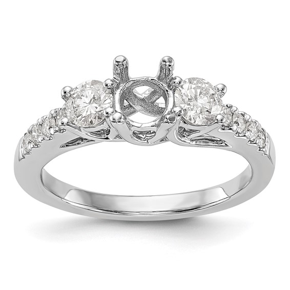 14K White Gold 3-Stone Plus (Holds 1/2 carat (5.2mm) Round Center and (4.00mm) Round Sides) Engagement Ring Mounting