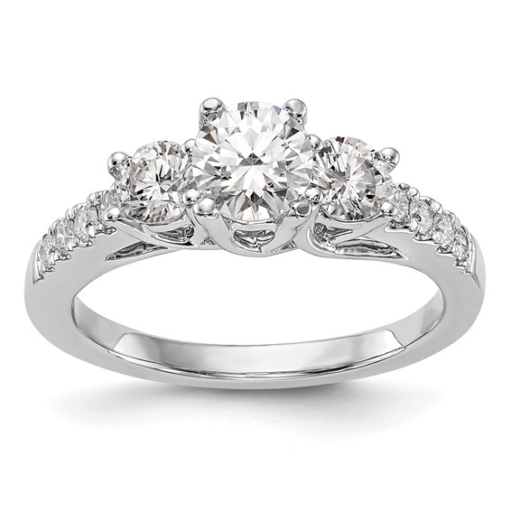 14K White Gold 3-Stone Plus (Holds 1/2 carat (5.2mm) Round Center and (4.00mm) Round Sides) Engagement Ring Mounting