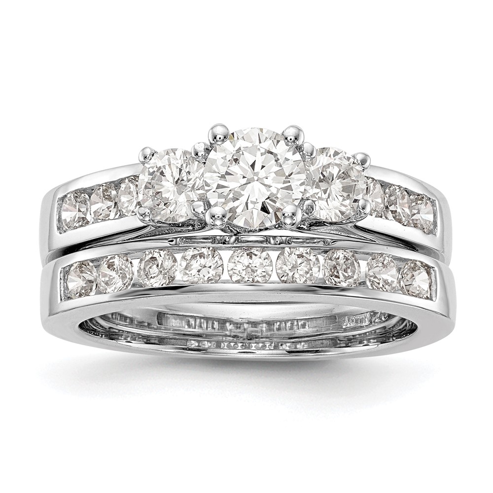 14k White Gold 1 carat Lab Grown Diamond VS/SI+ G+ Round Complete Three Stone Engagement Ring (RM2980E-038-7CWLG)