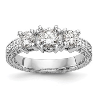 14K White Gold 3-Stone (Holds 5.2mm Round Center and (2-4.1mm) Round Sides) Engagement Ring Mounting
