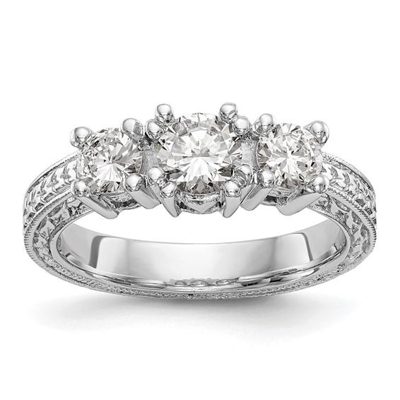 14K White Gold 3-Stone (Holds 5.2mm Round Center) Includes 2-4.1mm Round Side Diamonds Semi-Mount Engagement Ring