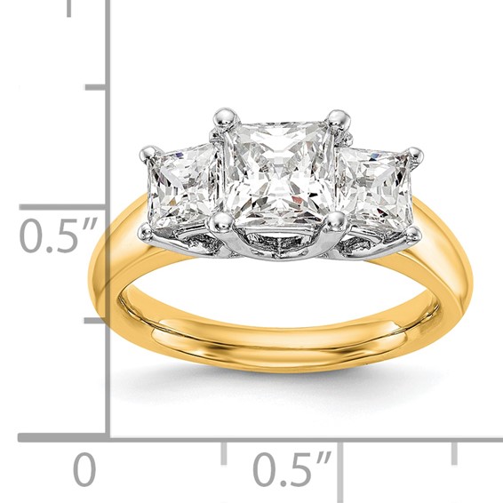 14K Two-tone 3-Stone (Holds 1.5 carat (6.4mm) Princess Center and (2-5.00mm) Princess Sides) Engagement Ring Mounting
