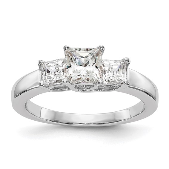 14K White Gold 3-Stone (Holds 1/2 carat (5.2mm) Princess Center and (2-3.5mm) Princess Sides) Engagement Ring Mounting