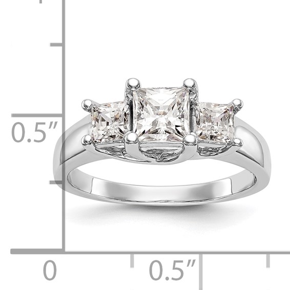 14K White Gold 3-Stone (Holds 3/4 carat (5.8mm) Princess Center and (2-3.5mm) Princess Sides) Engagement Ring Mounting