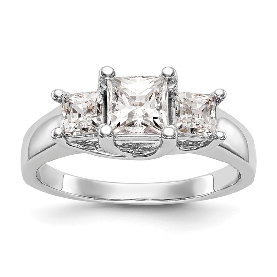 14K White Gold 3-Stone (Holds 3/4 carat (5.8mm) Princess Center and (2-3.5mm) Princess Sides) Engagement Ring Mounting
