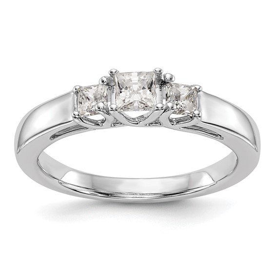 14K White Gold 3-Stone (Holds 1/5 carat (3.3mm) Princess Center and (2-2.8mm) Princess Sides) Engagement Ring Mounting