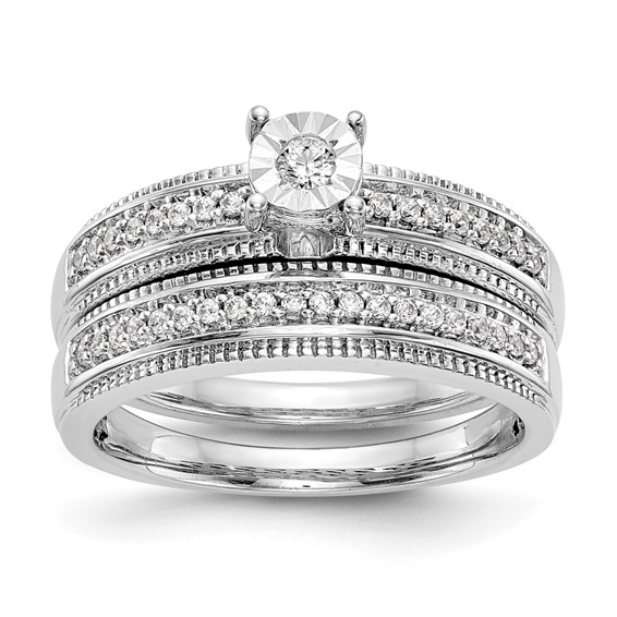 14K White Gold AA Quality 1/8 carat Diamond Trio Complete Engagement Ring