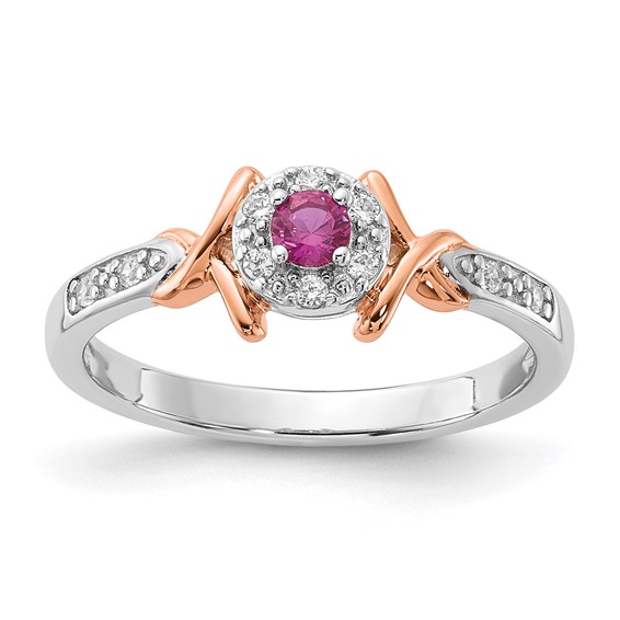 Sterling Silver & Rose-tone Polished Fancy Created Ruby & CZ Ring