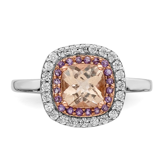 Sterling Silver w/Rose Plate Morganite/Amethyst/CZ Cushion Shape Ring