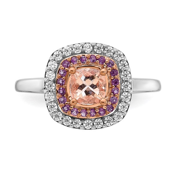 14k White & Rose Gold Morganite/Amethyst/Diamond Cushion Shape Ring