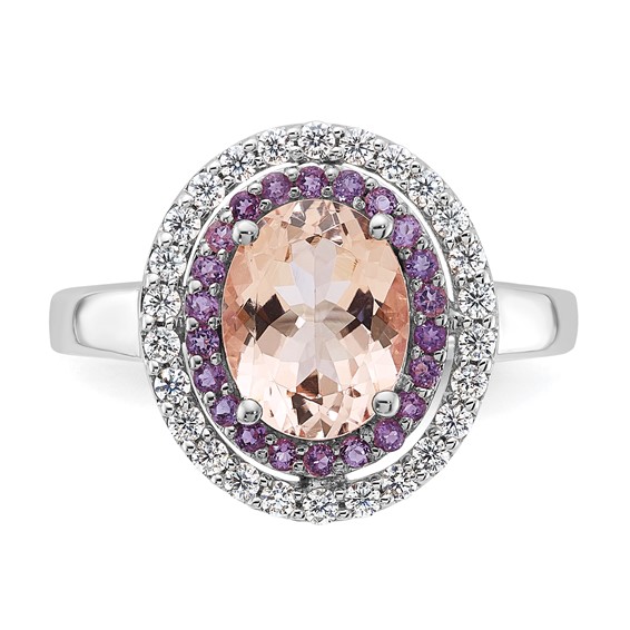 Sterling Silver w/RG Morganite/Amethyst/CZ Oval Shape Ring