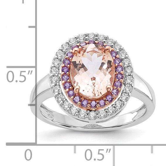 Sterling Silver w/RG Morganite/Amethyst/CZ Oval Shape Ring