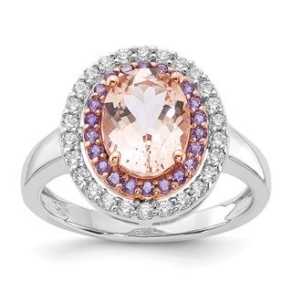 Sterling Silver w/RG Morganite/Amethyst/CZ Oval Shape Ring