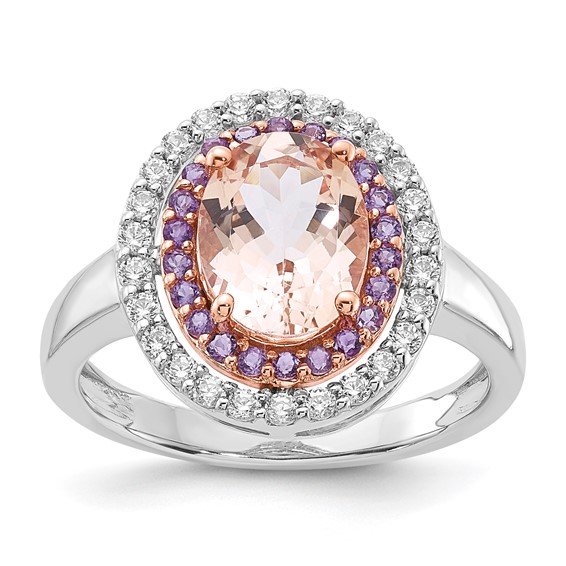 Sterling Silver w/RG Morganite/Amethyst/CZ Oval Shape Ring