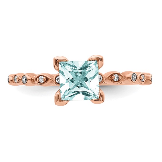 Sterling Silver w/Rose PlateSterling Silver CZ & Aquamarine Ring