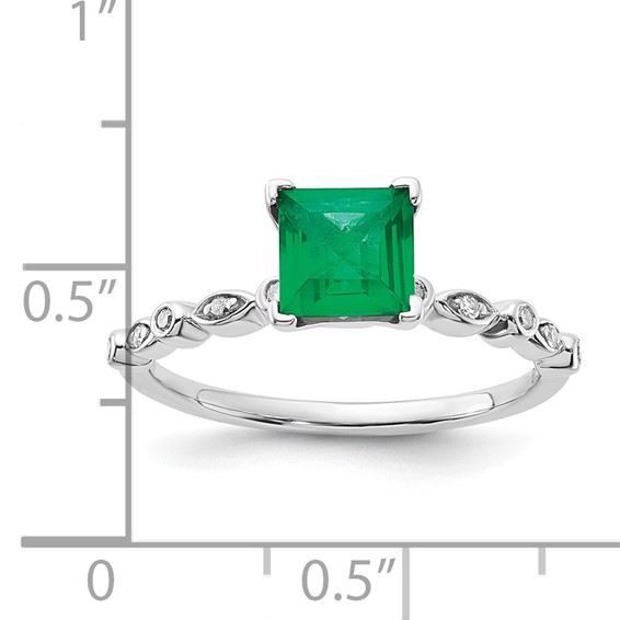 Sterling Silver Polished 6mm Cr Emerald and Diamond Ring