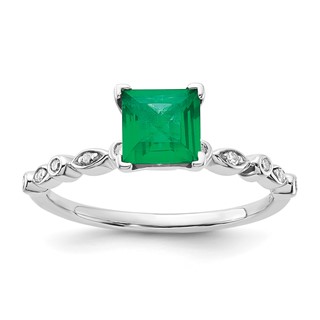 Sterling Silver Polished 6mm Cr Emerald and Diamond Ring