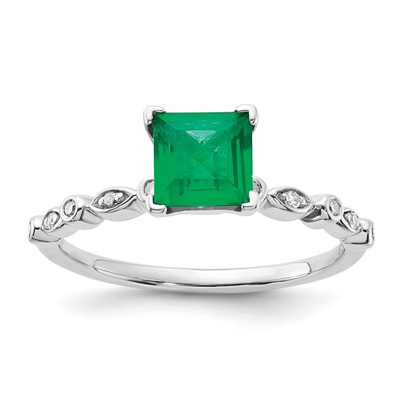 Sterling Silver Polished 6mm Cr Emerald and Diamond Ring