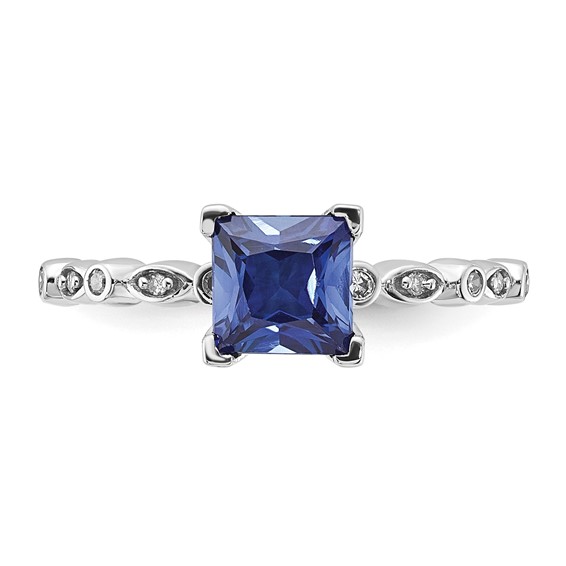 Sterling Silver Polished 6mm Cr Blue Sapphire and Diamond Ring