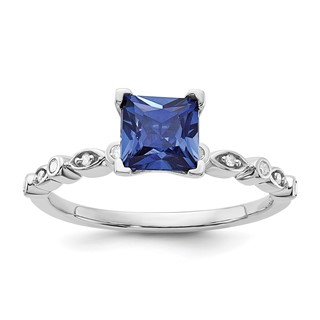 Sterling Silver Polished 6mm Cr Blue Sapphire and Diamond Ring