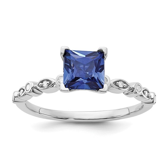 Sterling Silver Polished 6mm Cr Blue Sapphire and Diamond Ring