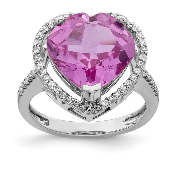 Sterling Silver Pink Sapphire & CZ Heart Ring