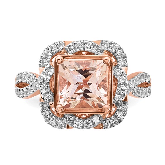 Sterling Silver Rose-tone Polished Morganite and CZ Ring