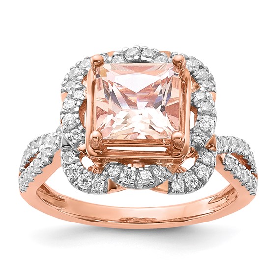 Sterling Silver Rose-tone Polished Morganite and CZ Ring