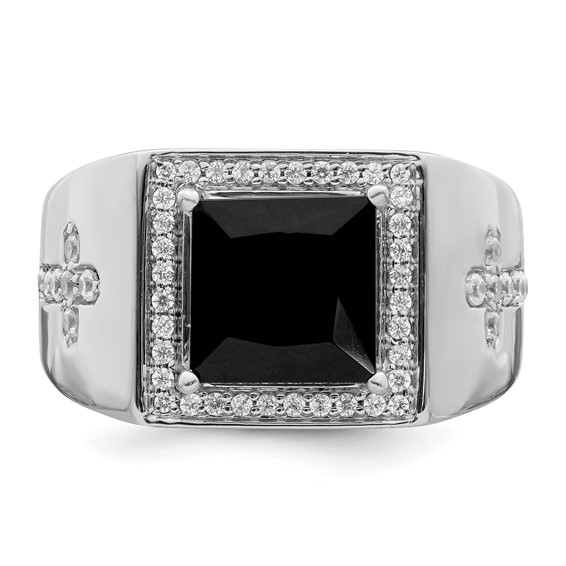 Sterling Silver 9MM Onyx and Dia Gents Ring Rd: 14-.02 4-.005 32-.006ct Dia