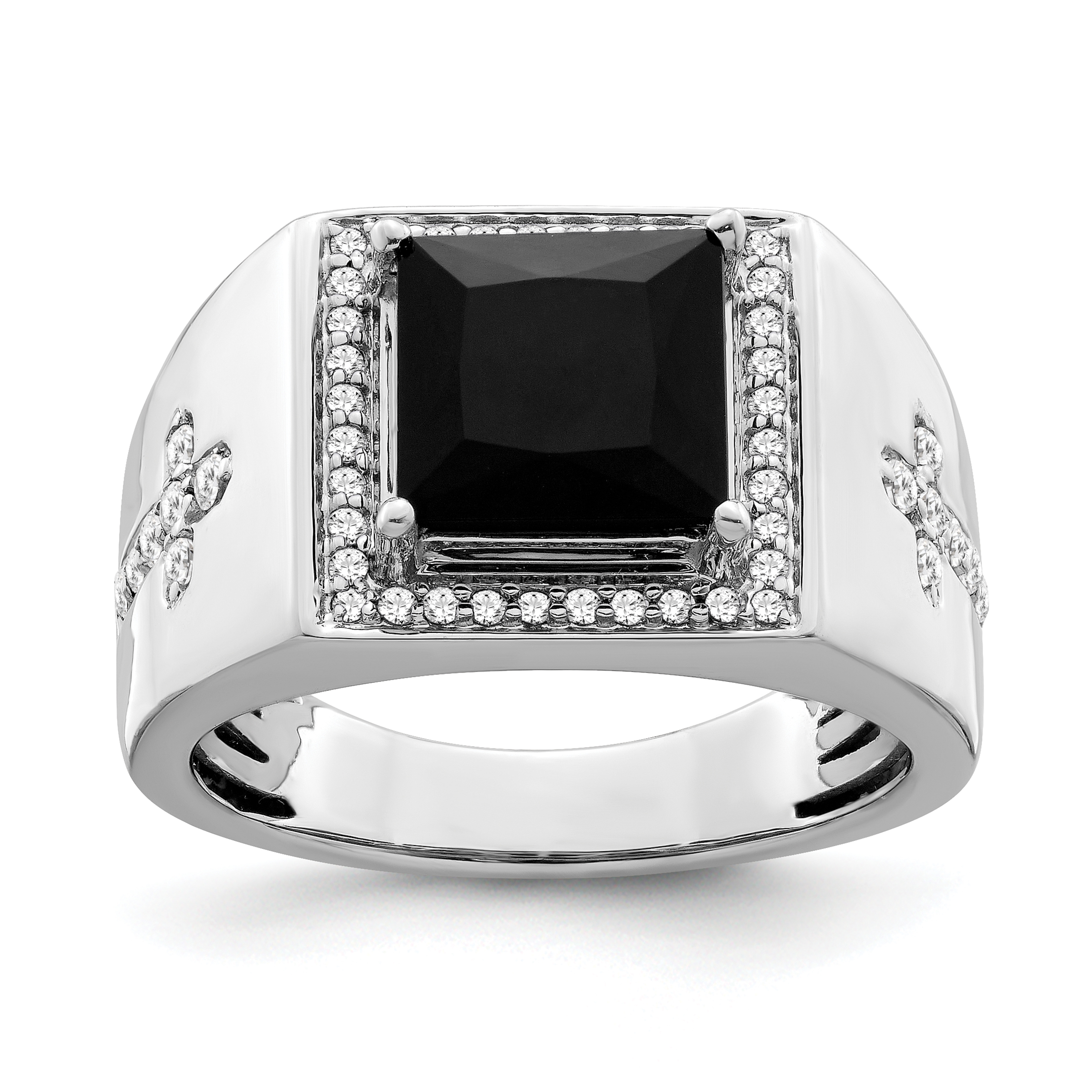 14k White Gold Onyx and Diamond Cross Mens Ring | J.C.’s Jewelry