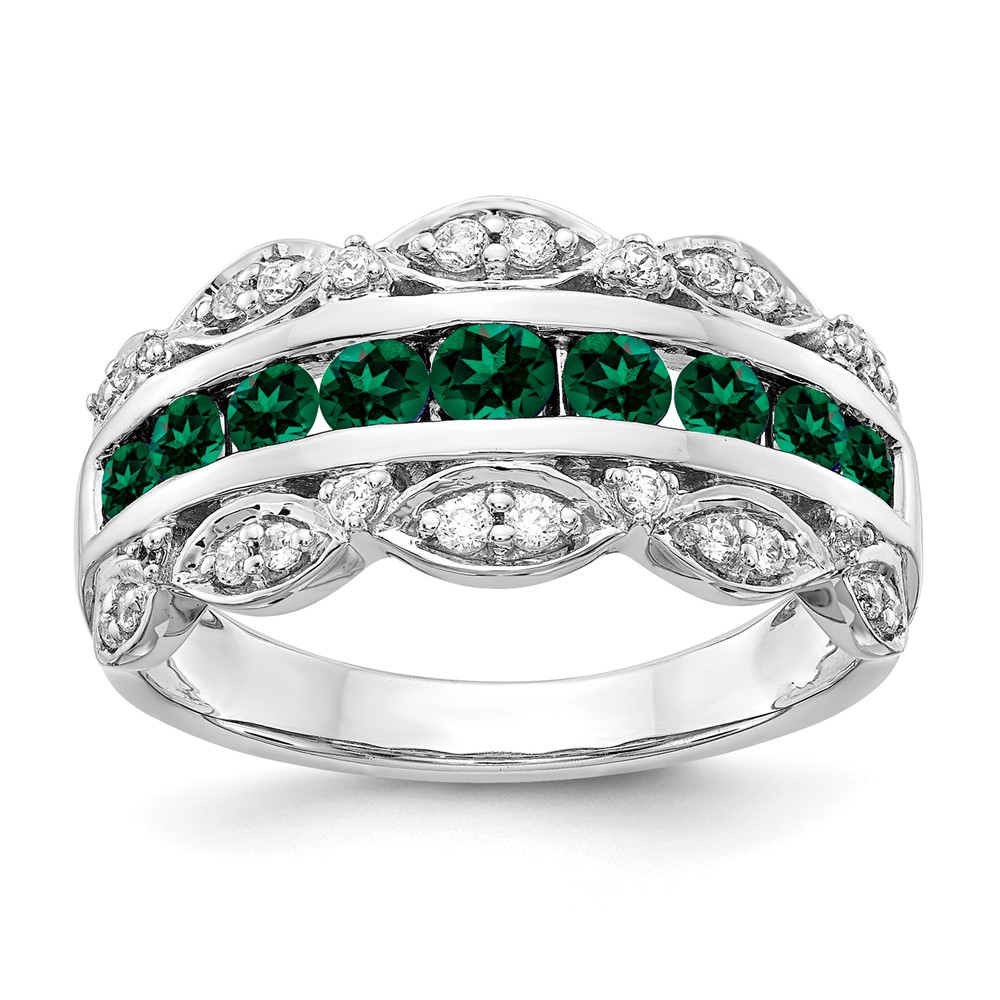14K White Gold 0.20 Carat Lab Grown Diamond VS SI+ G+ and Lab Created Emerald Complete Fancy Ring