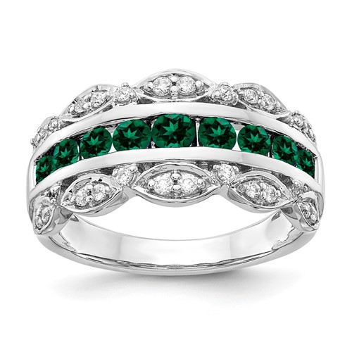 14K White Gold 0.20 Carat Lab Grown Diamond VS SI+ G+ and Lab Created Emerald Complete Fancy Ring