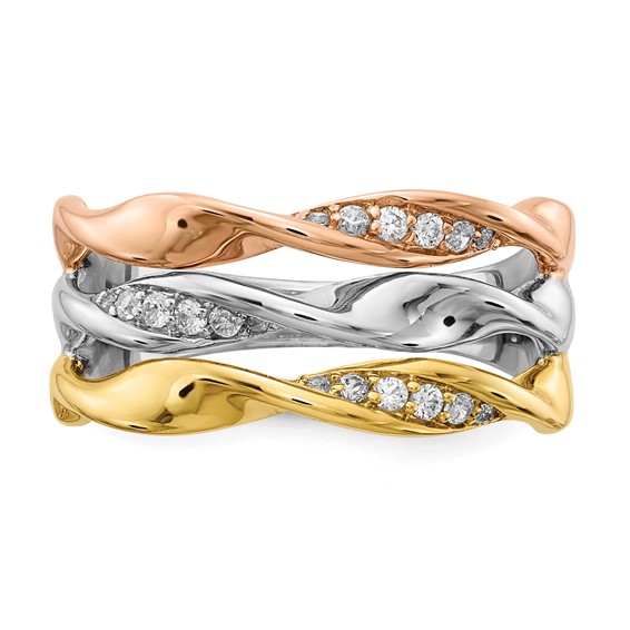 14k Tri-color 1/6 carat Diamond Fancy Triple-Strand Twist Ring