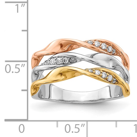 14k Tri-color 1/6 carat Diamond Fancy Triple-Strand Twist Ring