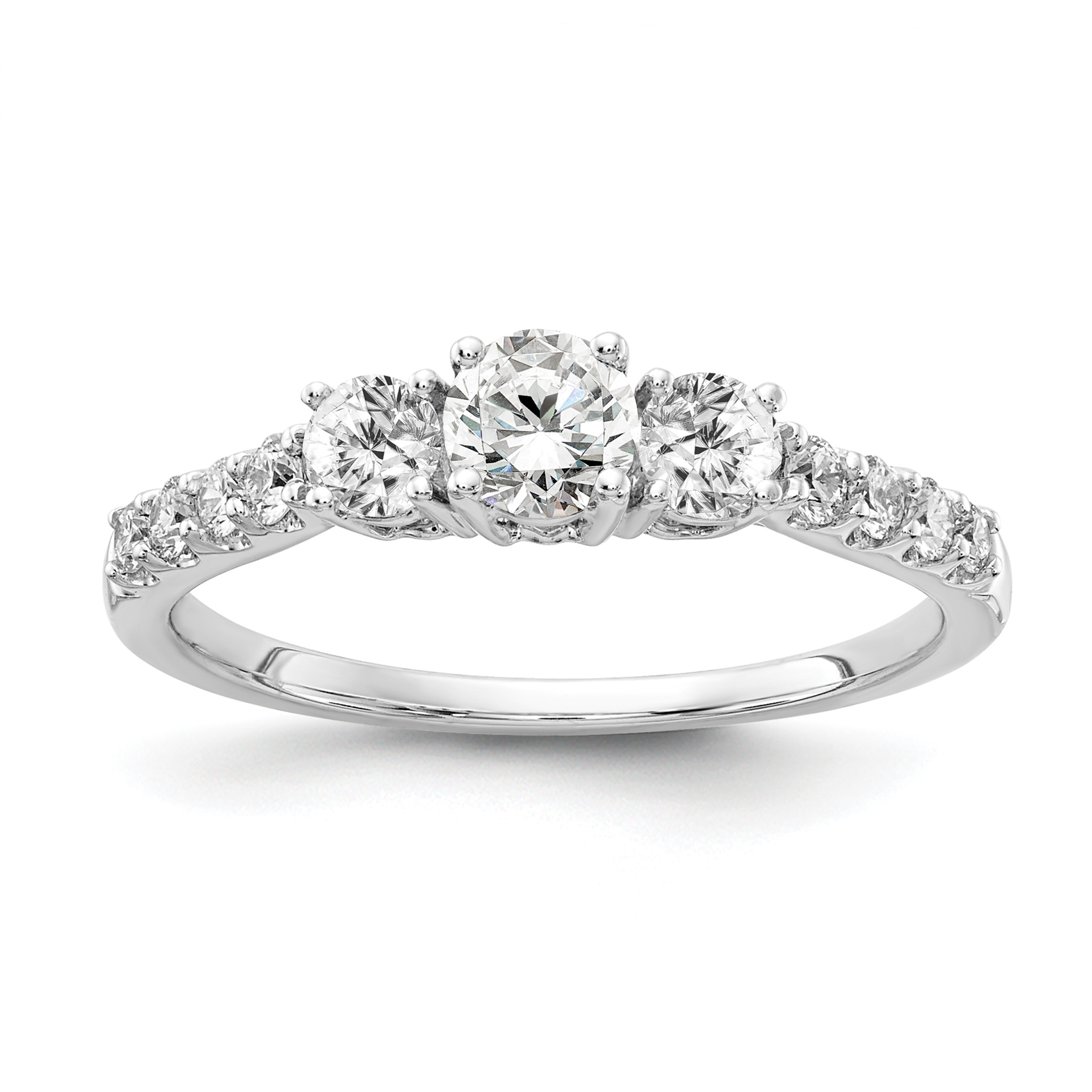14k White Gold 3/4 carat Lab Grown Diamond VS/SI+ G+ Round Complete Three Stone Size 7 Engagement Ring (RM4228E-075-7CWLG)