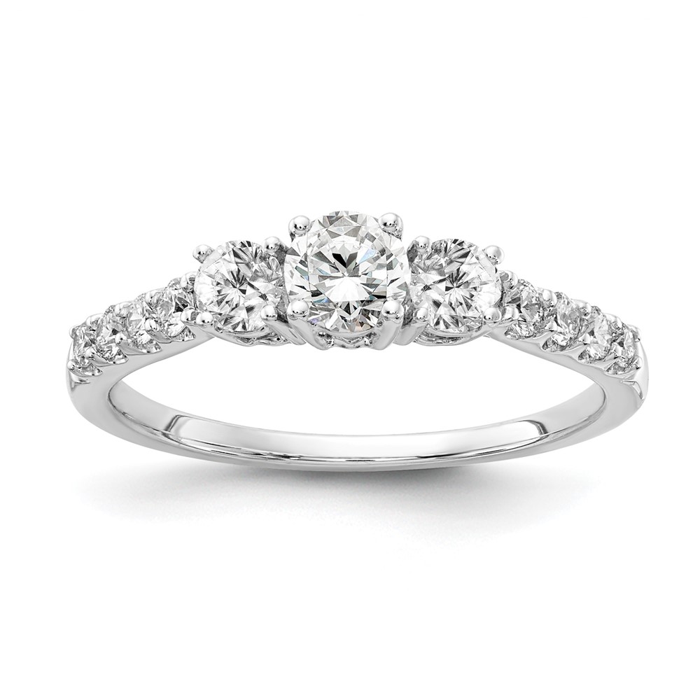 14K White Gold 0.50 Carat Lab Grown Diamond VS SI+ G+ 0.25 Carat Center Round Semi Mount Three Stone Engagement Ring