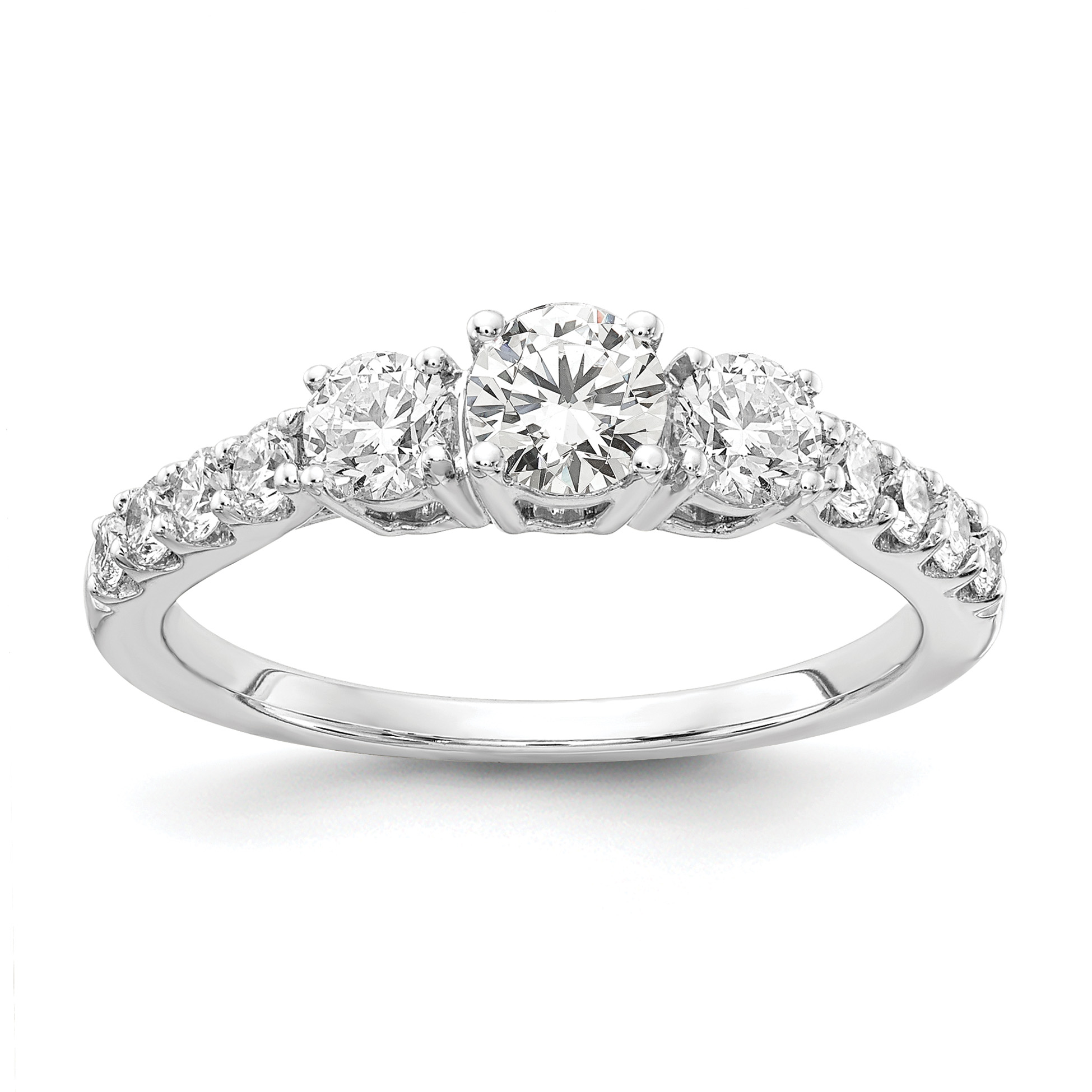 14k White Gold 7/8 carat Lab Grown Diamond VS/SI+ G+ 5/8 carat Center Round Semi Mount Size 7 Three Stone Engagement Ring (RM4228-150-7WLG)