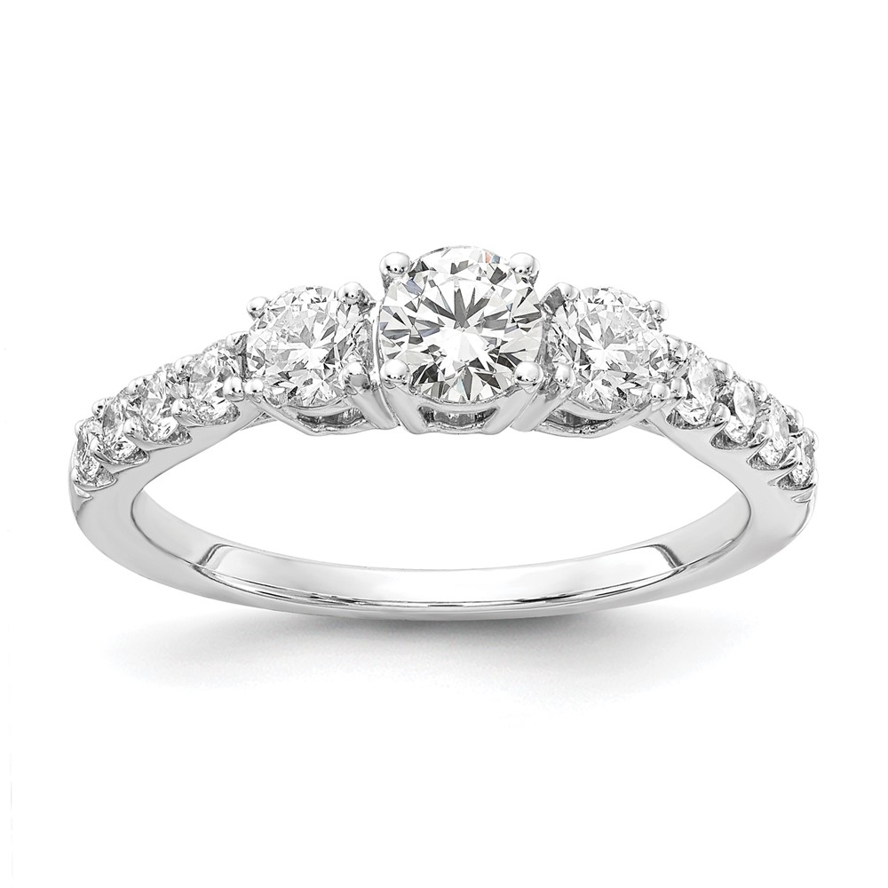 14k White Gold 7/8 carat Lab Grown Diamond VS/SI+ G+ 5/8 carat Center Round Semi Mount Size 7 Three Stone Engagement Ring (RM4228-150-7WLG)