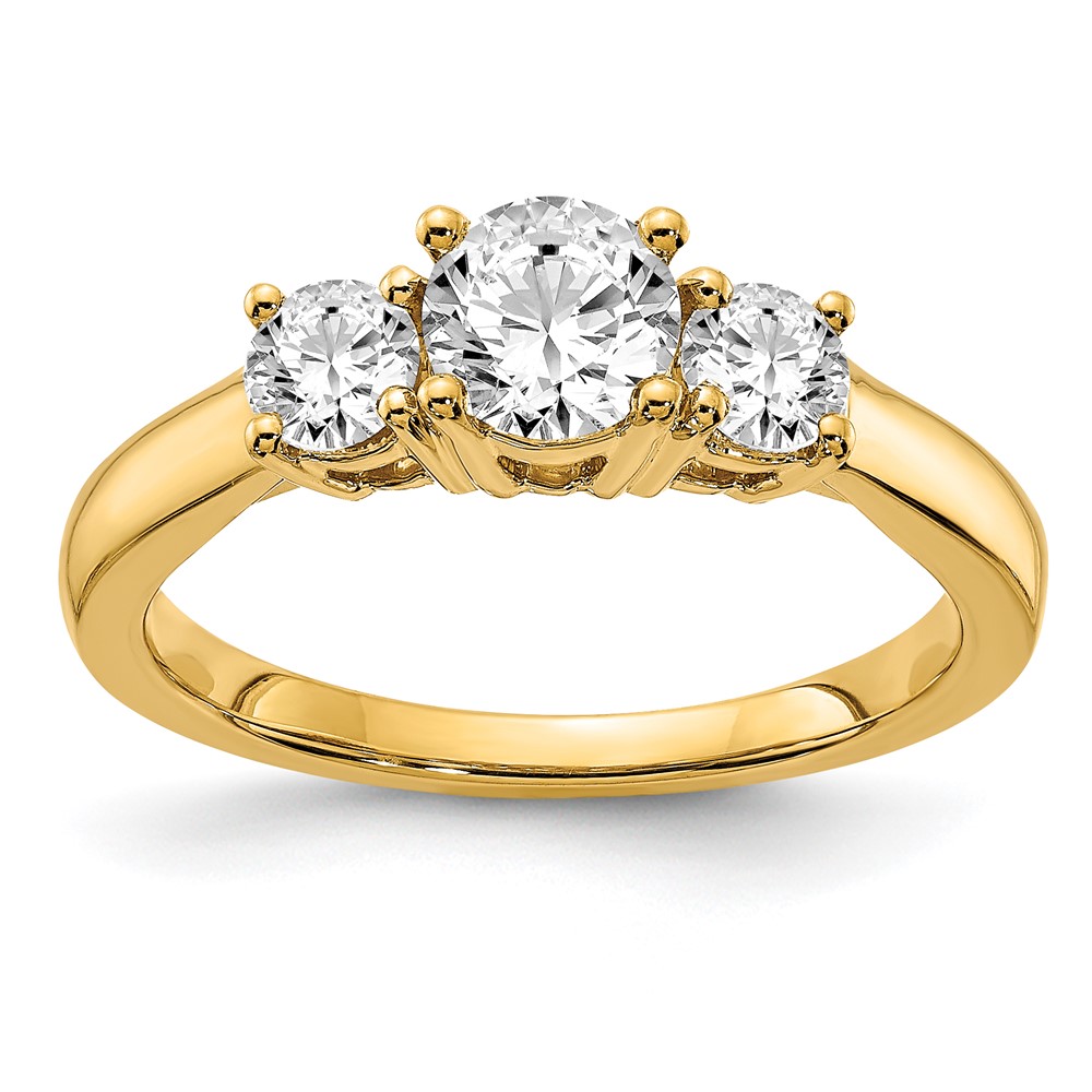 14K Yellow Gold 0.75 Carat Lab Grown Diamond VS SI+ G+ 0.75 Carat Center Round Three Stone Semi Mount Engagement Ring