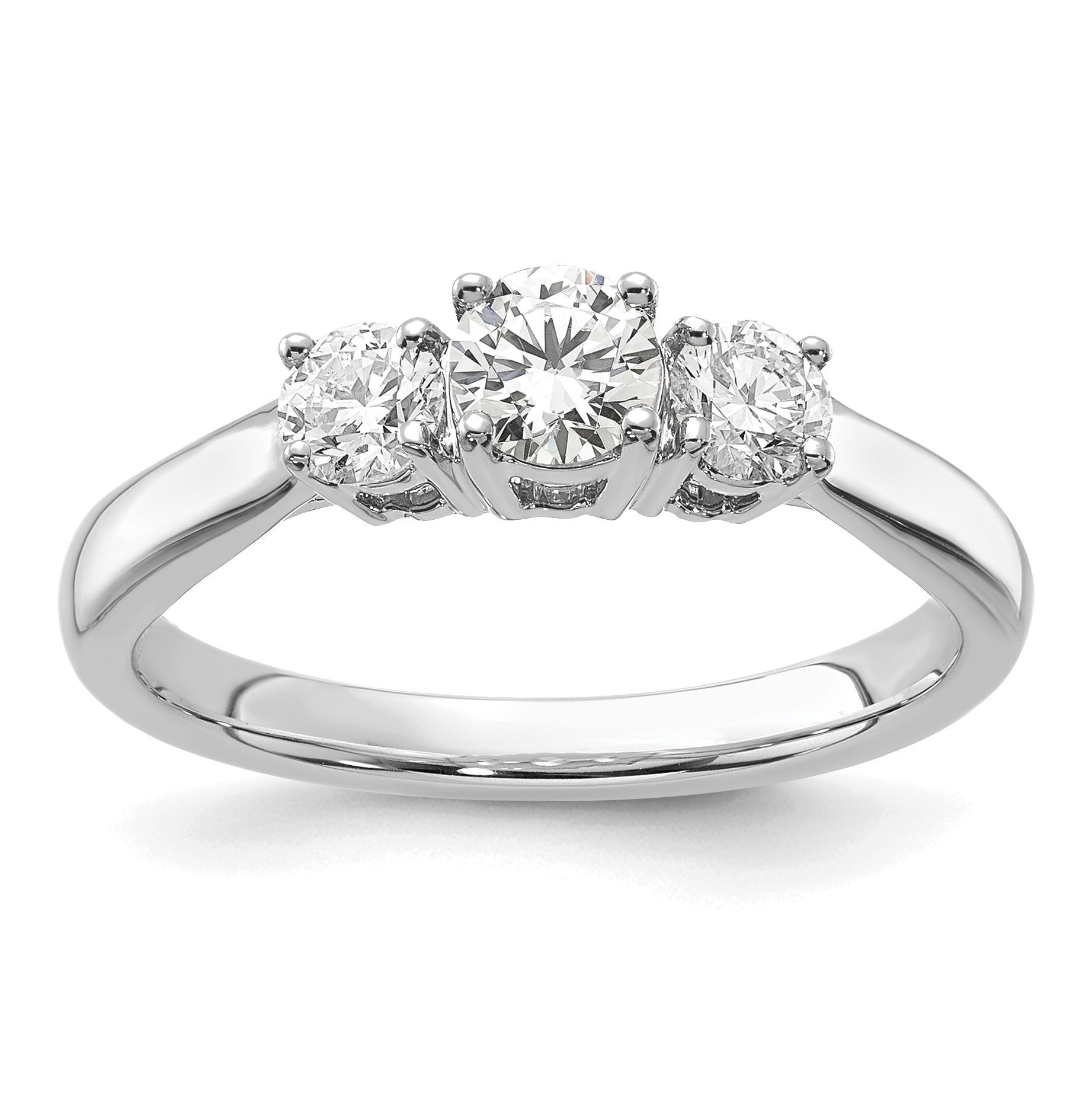 14k White Gold 3/4 carat Lab Grown Diamond VS/SI+ G+ Round Complete Three Stone Engagement Ring (RM4229E-075-CWLG)