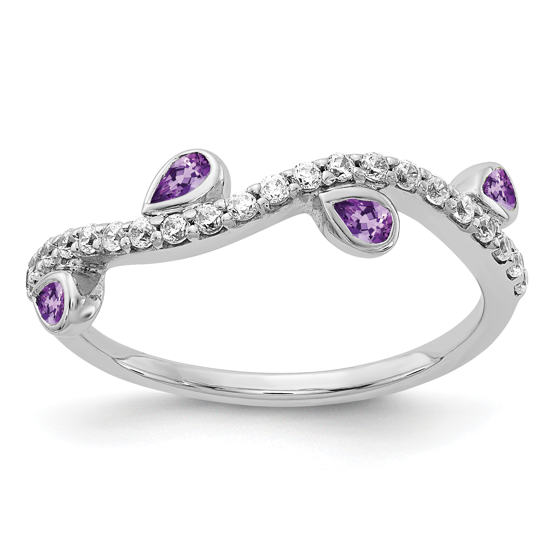 14k White Gold Diamond and Pear Amethyst Curved Ring (RM4336-AM-020-WA)