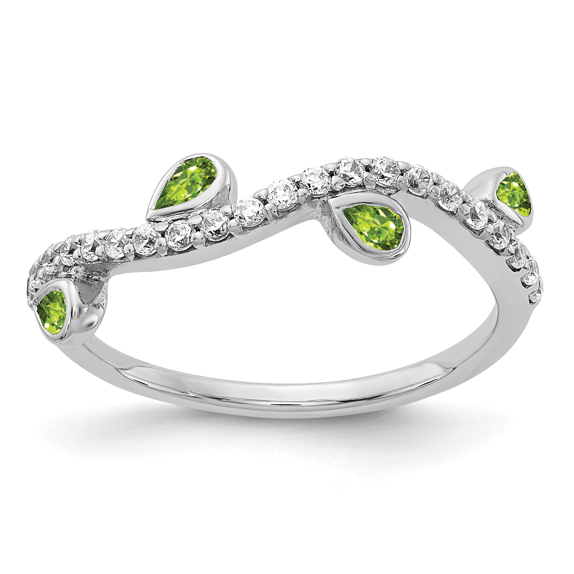 14k White Gold Diamond and Pear Peridot Curved Ring (RM4336-PE-020-WA)